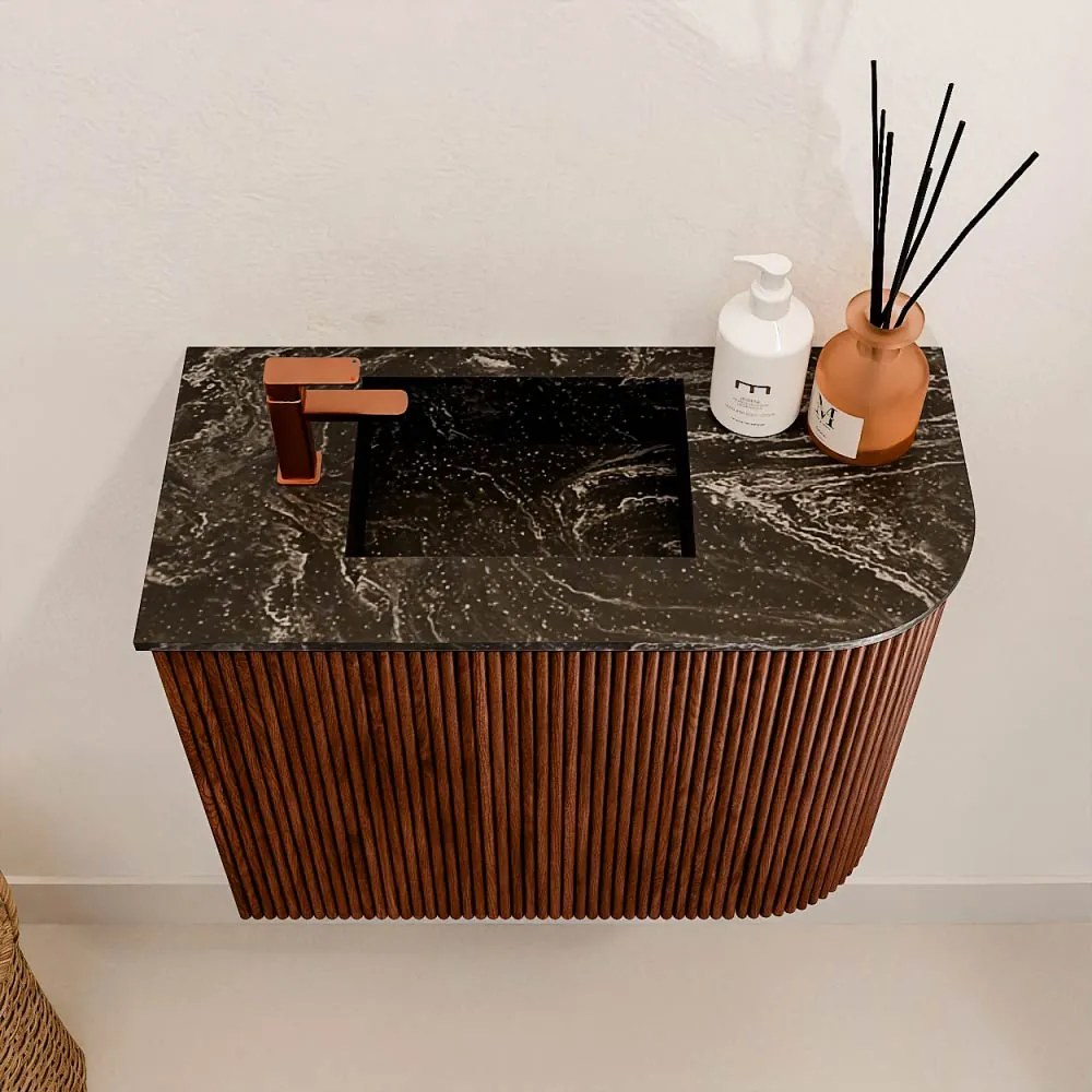 Mondiaz Joya DLux 50cm toiletmeubel ronding rechts ruby met wastafel faye links 1 kraangat lava