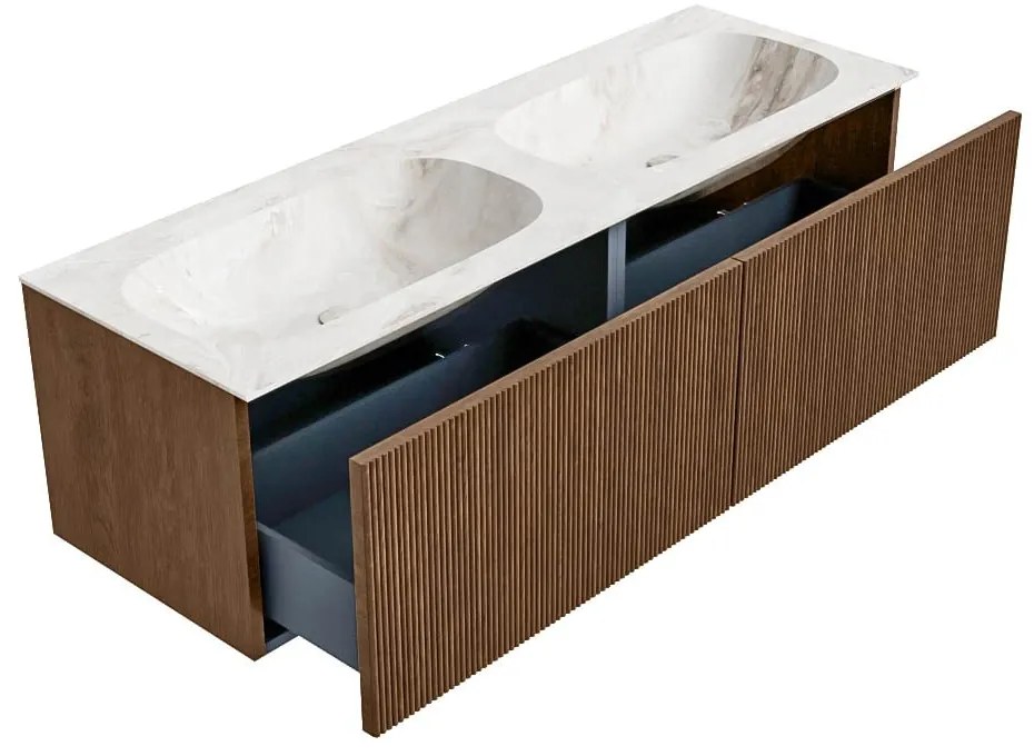 Mondiaz Kurve-dlux 140cm badmeubel walnut met 2 lades en wastafel stor small dubbel 2 kraangaten frappe