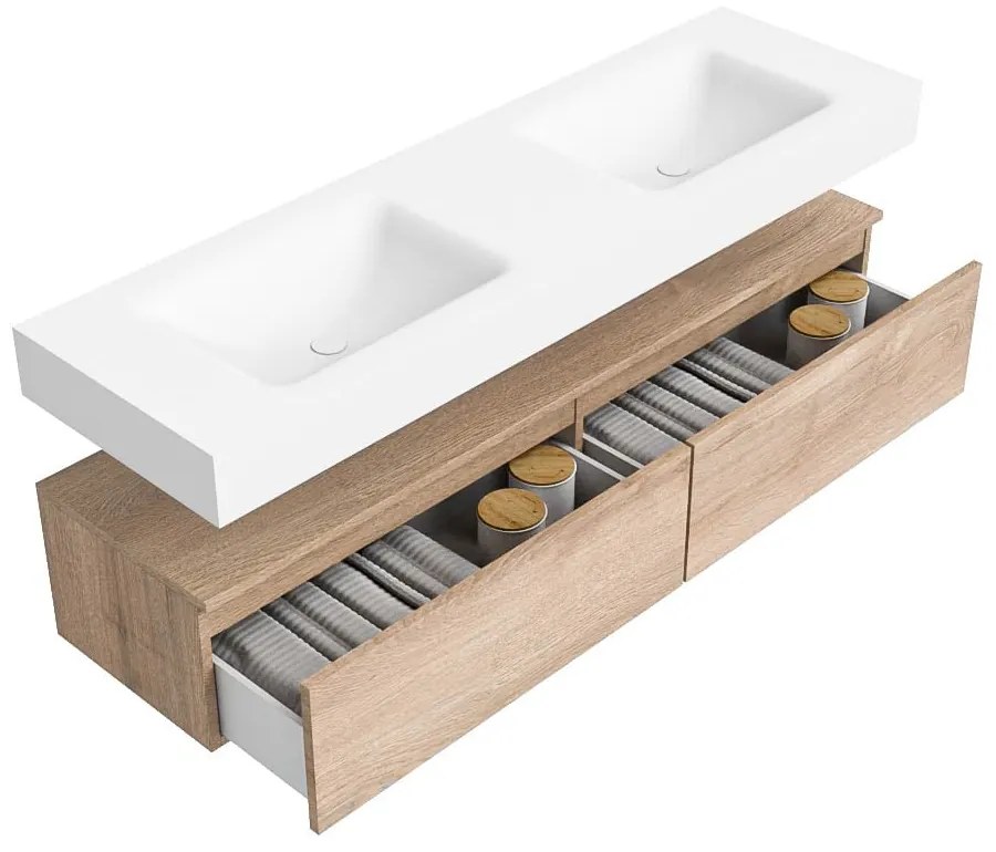 Zaro Alan badmeubel 160cm washed oak 2 lades met vrijhangende wastafel cloud dubbel zonder kraangat talc