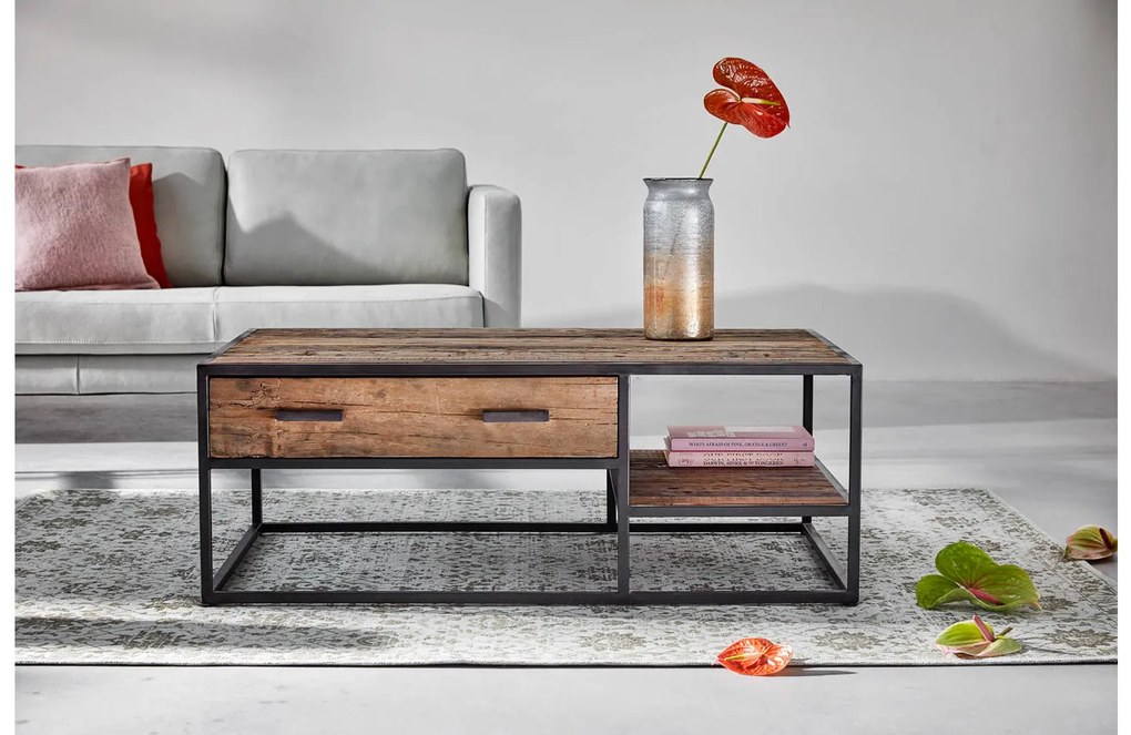 Goossens Eco Salontafel Otik rechthoekig, hout teak onbewerkt, urban industrieel, 120 x 44 x 70 cm