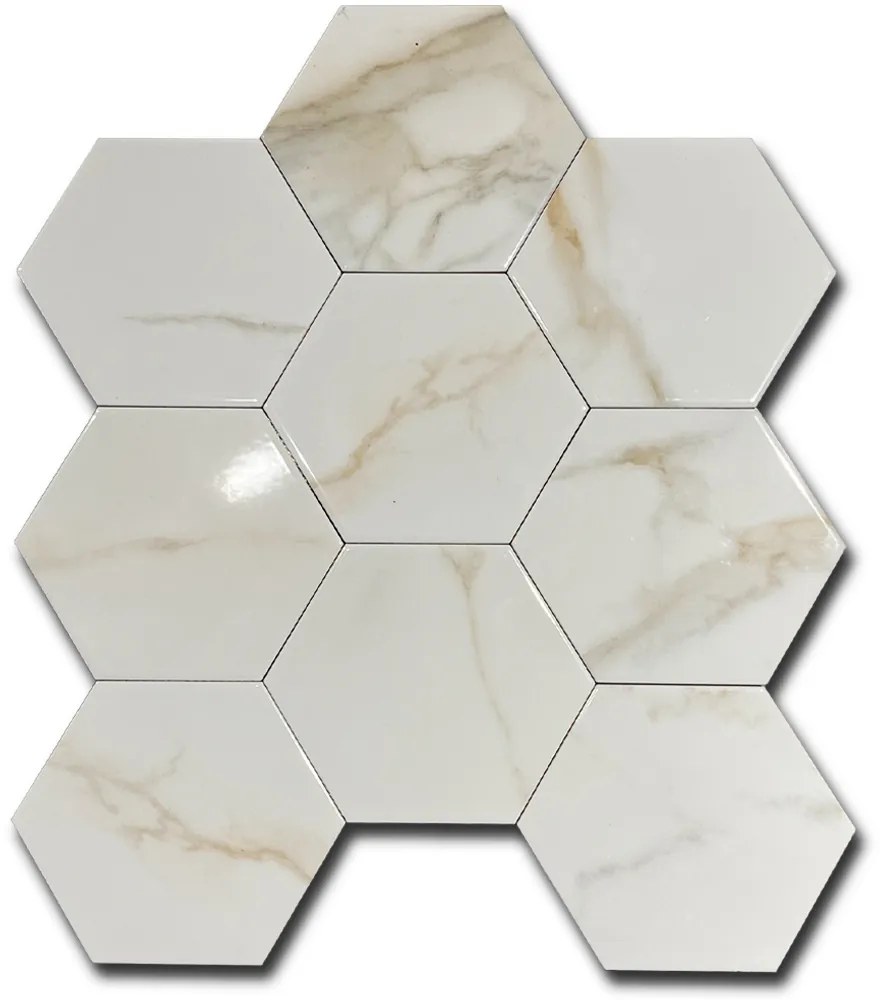 Hoogglans Hexagon Vloertegel 15x17 Cm Marmerlook Goud C107 - Restpartij Nog 0,57 M2 Op Voorraad