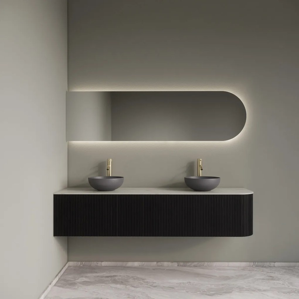 Gliss Design Alluro badmeubel ribbelfront met ronding rechts 180cm black en wit marmer toppaneel
