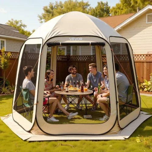 VEVOR pop-up tent, 3304,8 x 280,4 cm, kampeertent voor 4-8 personen, partytent inclusief draagtas, gaaswanden en haringen, voor tuin, terras en buitenactiviteiten, beige
