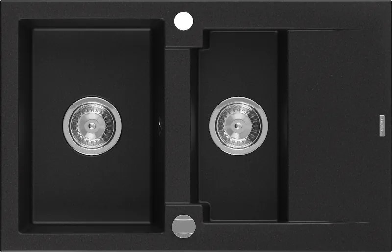 Mexen Gaspar granieten gootsteen 1,5-komor met afdruiprek 737 x 475 mm, zwart, chroom sifon - 6507731505-77