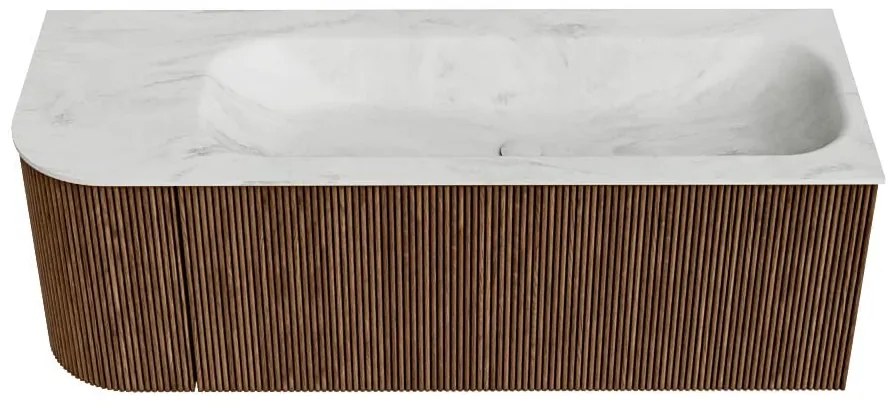Mondiaz Kurve-dlux 125cm badmeubel ronding links walnut met 1 lade en deur en wastafel big medium kraangat rechts opalo