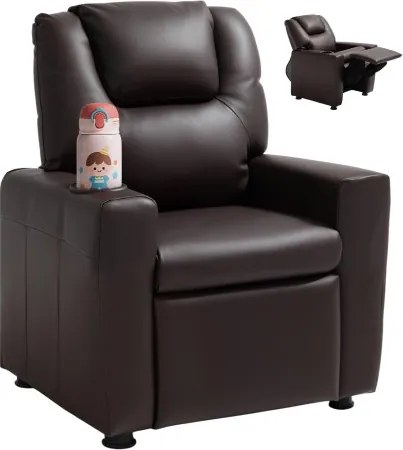 VEVOR Kinderfauteuil met bekerhouders, 101°-121° verstelbare rugleuning, PU-leren relaxfauteuil met voetenbank, draagvermogen 41 kg, relaxfauteuil voor jongens en meisjes (bruin)