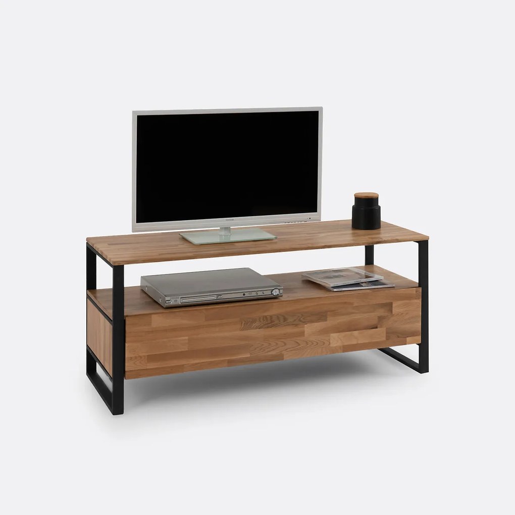 Tv-meubel, massief eiken, eikenfineer en staalmetaal, Hiba
