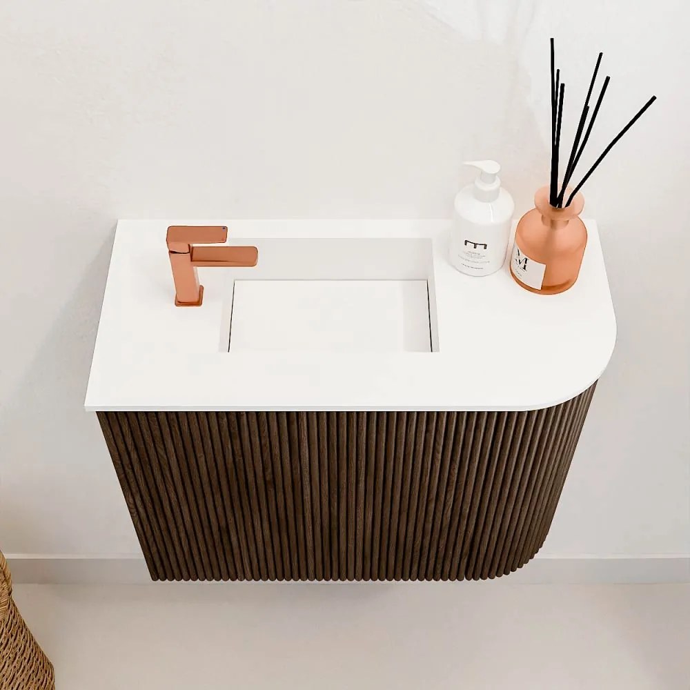 Mondiaz Joya 50cm toiletmeubel ronding rechts walnut met wastafel faye links 1 kraangat talc