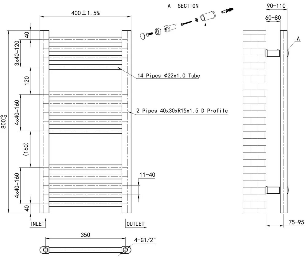 Eastbrook Wendover handdoekradiator 40x80cm 261W zwart glans