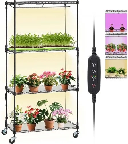 VEVOR plantenstandaard met kweeklamp, 4-laags 45W plantenrek voor binnen, 3 lichtspectrumstanden, metalen plantenrek met timer, plantengroeirek voor zaadkieming, 60 x 35 x 126,5 cm