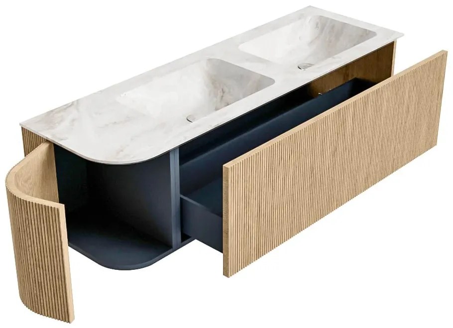 Mondiaz Kurve-dlux 145cm badmeubel ronding links oak met 1 lade en deur en wastafel leaf dubbel/rechts 2 kraangaten frappe