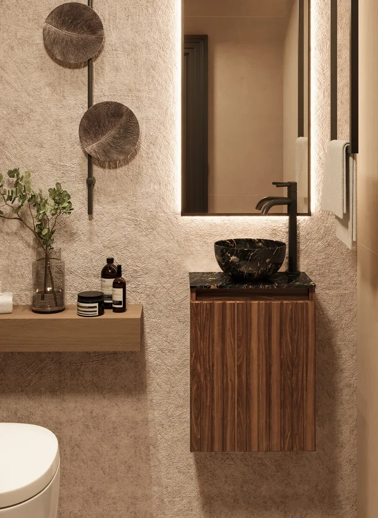 Fontana Athens Portoro Gold Micro Marble toiletmeubel met ribbelfront 40cm walnoot