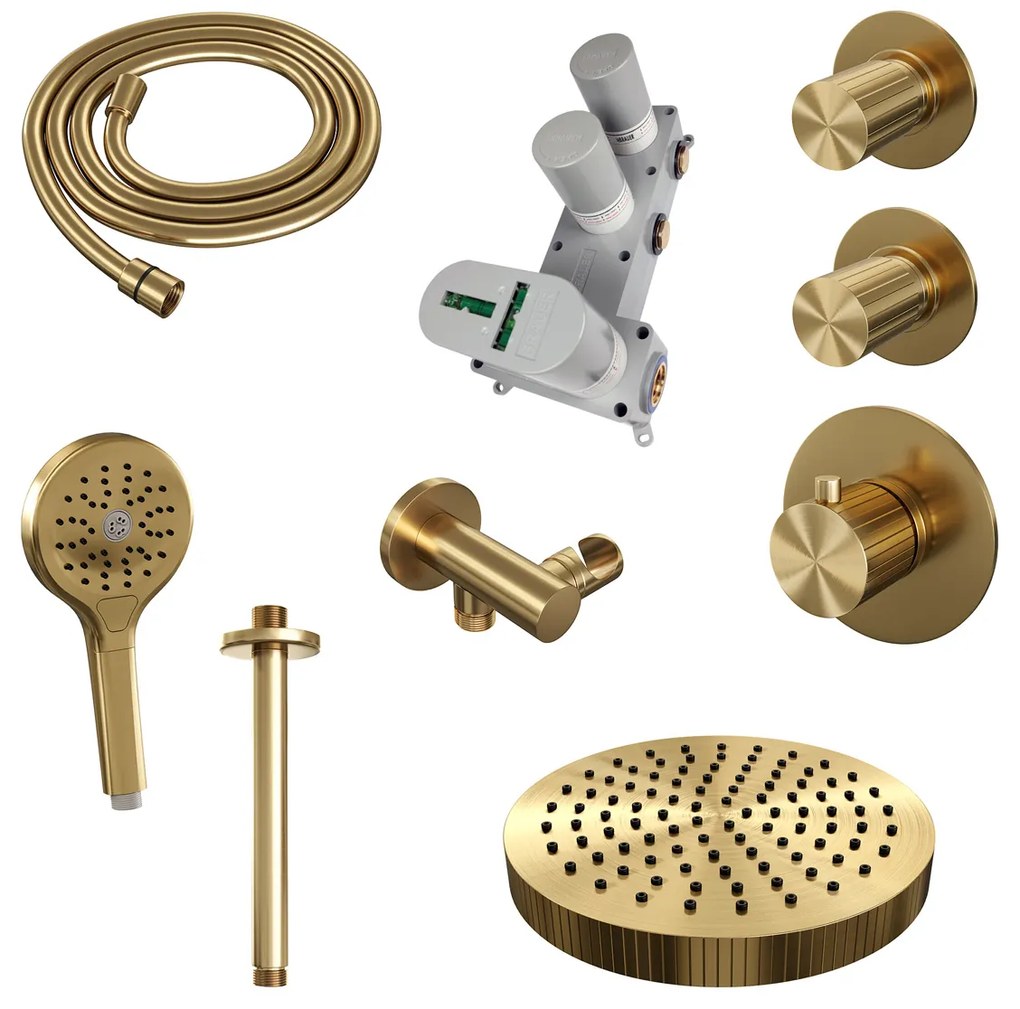 Brauer Stripe inbouw regendouche met 25cm hoofddouche, plafondarm en 3 standen handdouche set 6 messing geborsteld PVD