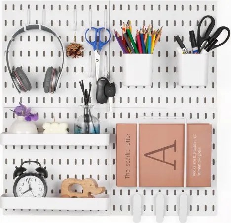VEVOR Tool Wall, 28 x 28 cm, set van 4, kunststof wandorganizerset met accessoires, voor garage, gereedschapsopslag, keuken, woonkamer, hobbykamer, kantoor, badkamer, huis, wit