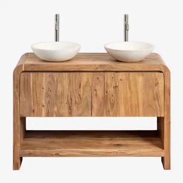 Vacry Houten Badkamermeubelset Acacia Bruin & 2 X Rond Wit Cement Ø40 Cm Zavion & Spiegelloze & 2 X Geborsteld Grijs ↑30 Cm - Sklum