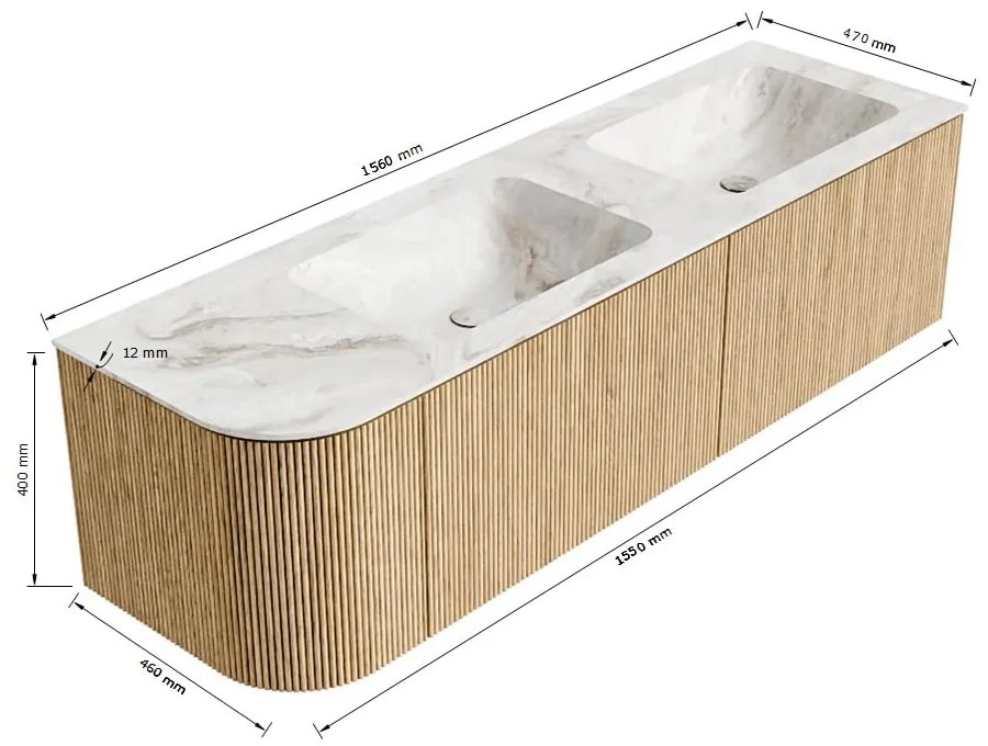 Mondiaz Kurve-dlux 155cm badmeubel ronding links oak met 2 lades en 1 deur en wastafel leaf dubbel/rechts zonder kraangat lava