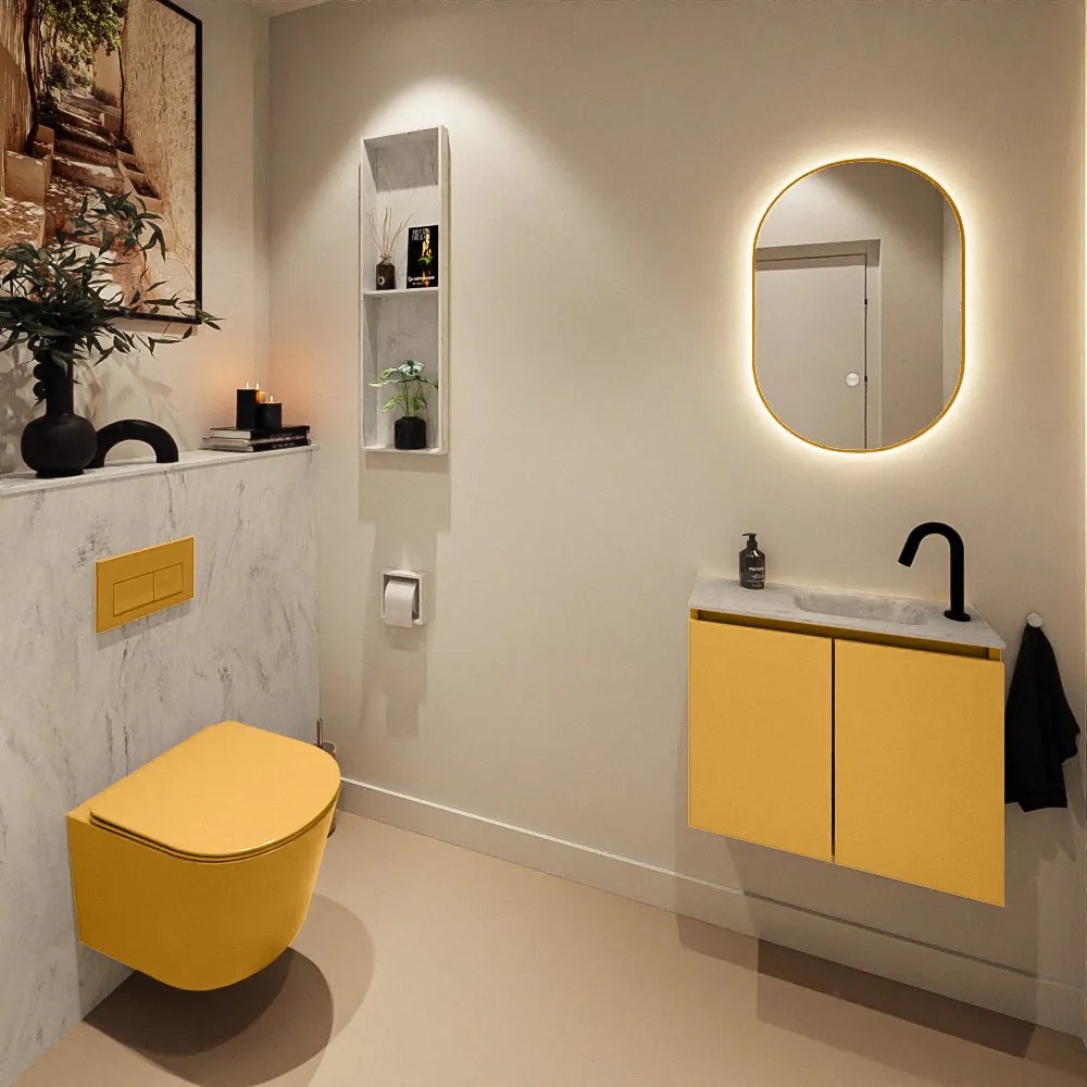 Mondiaz Ture DLux toiletmeubel 60cm ocher met wastafel opalo rechts met kraangat