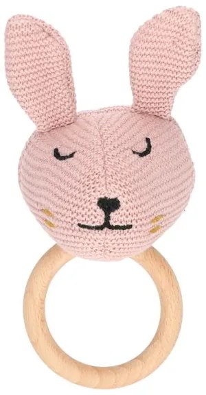 Knuffelkopje aan houten ring, GOTS katoen, konijn
