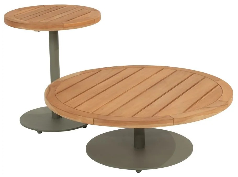 4 Seasons Outdoor Volta loungetafel olijfgroen met teak blad Ø 80 cm (H 30 cm) SALE Bijzettafel   groen weerbestendig