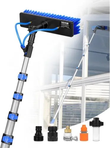 VEVOR Telescopische wasborstel met telescopische steel, 9 m lange reinigingsstok, 180° draaibare borstelkop en 20 m slang, raamreinigingsgereedschap voor huishoudelijk gebruik en voor caravanzonnepanelen.