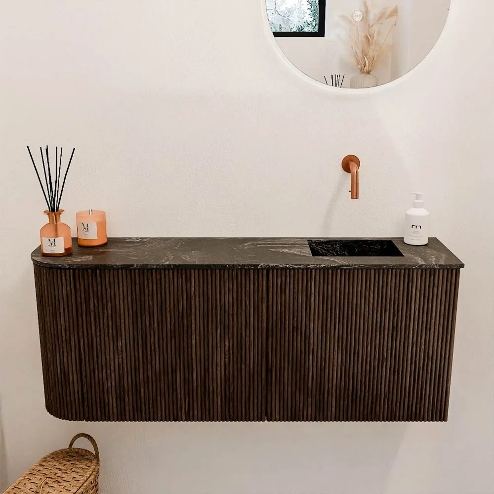 Mondiaz Joya DLux 100cm toiletmeubel ronding links walnut met wastafel faye rechts zonder kraangat lava