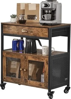 VEVOR Koffiebarkast 61 x 36 x 70,5 cm Koffiebarkast in landelijke stijl met 4-laags opbergruimte, verplaatsbare koffiebartafel met wielen en gaasdeur, buffetkast voor keukenentree