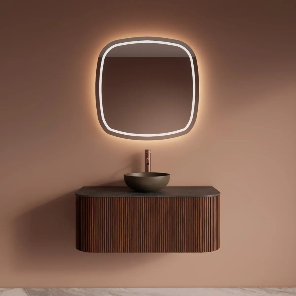 Gliss Design Alluro badmeubel ribbelfront met ronding links/rechts 100cm walnut en zwart leisteen toppaneel