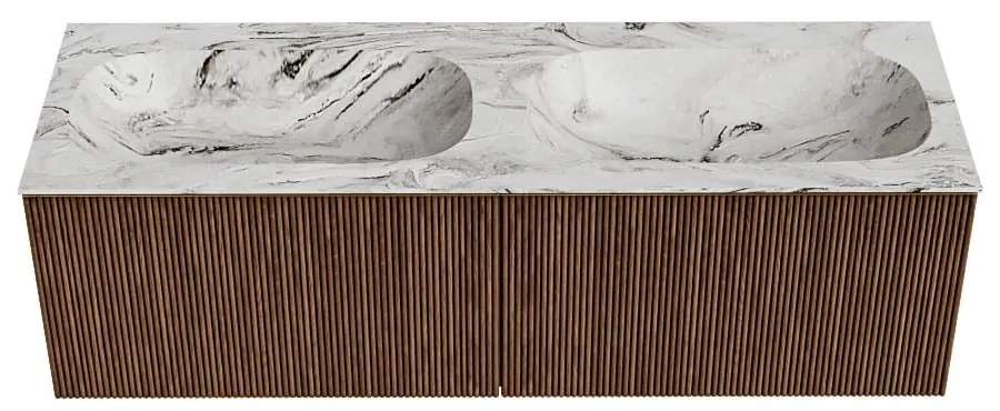 Mondiaz Kurve-dlux 140cm badmeubel walnut met 2 lades en wastafel stor small dubbel zonder kraangat glace