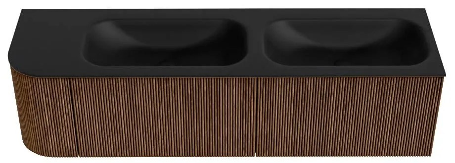 Mondiaz Kurve 165cm badmeubel ronding links walnut met 2 lades en 1 deur en wastafel big small dubbel/rechts 2 kraangaten urban