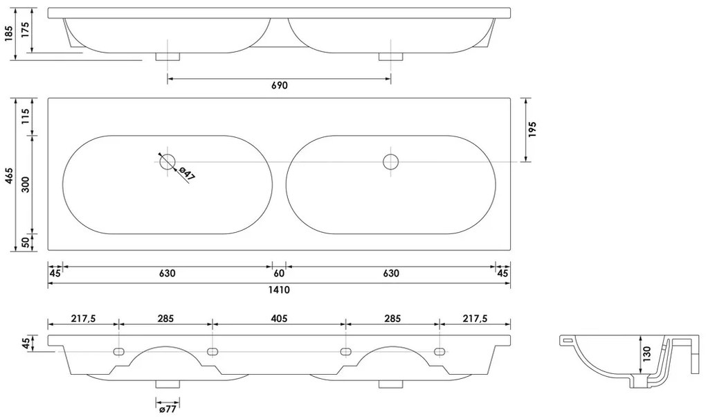 Brauer Moon dubbele wastafel keramiek 140cm zonder kraangat wit glans