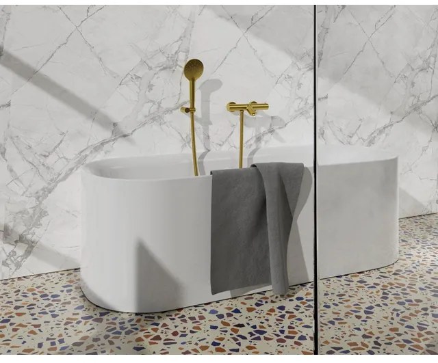 Fortifura Calvi Thermostatische badkraan met ronde handdouche, handdouchehouder en metalen doucheslang Geborsteld Messing PVD (Goud) SW799449/SW720567/SW720226/SW706206