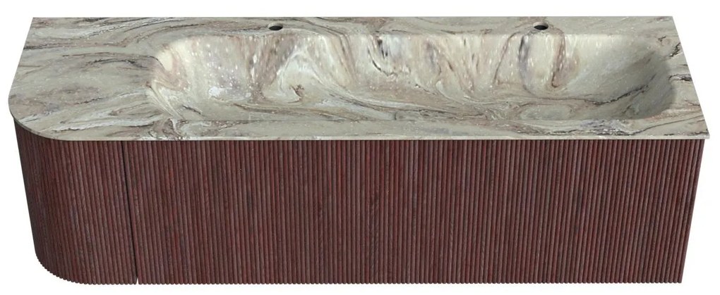 Mondiaz Kurve-dlux 145cm badmeubel ronding links ruby met 1 lade en deur en wastafel big large rechts 2 kraangaten glace