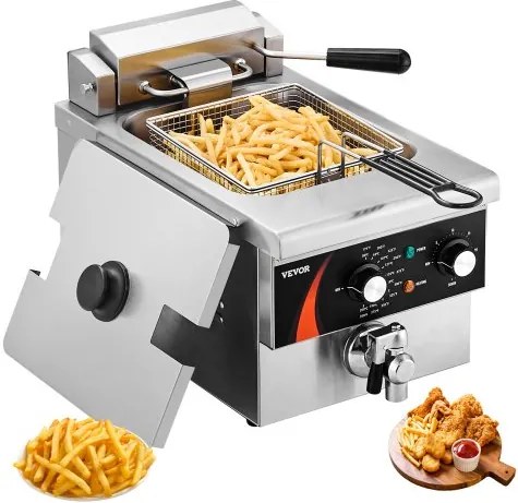 VEVOR Commerciële Frituurpan, 3000W Elektrische Frituurpan met Mand, 5,9L Enkele Oliefrituurpan, Verdikt Roestvrij Staal, Tijd- en Temperatuurregeling, voor Keuken, Restaurant, Café, Restaurant, Zilver
