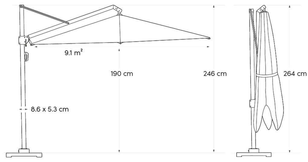 Zweefparasol  3.5x2.6m T2 premium (excl. voet) Grijs-antraciet Platinum Challenger