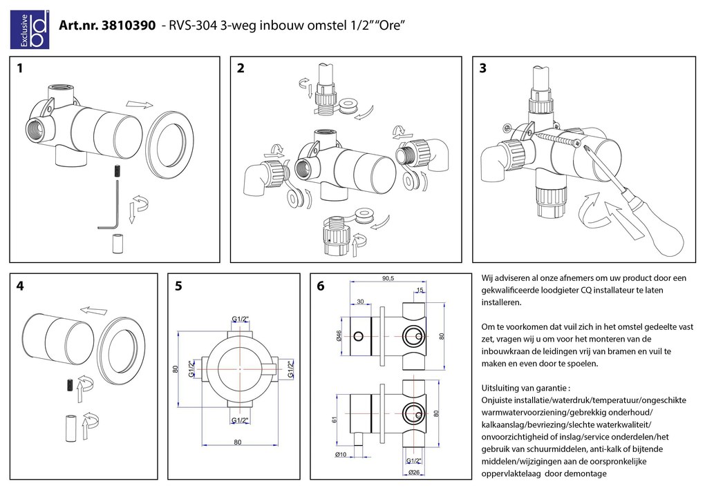 Best Design Ore 1/2" inbouw omstel 3-weg RVS