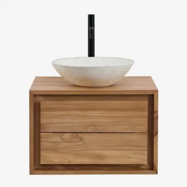 Jabari Zwevend Badkamermeubelset Van Teakhout Teakhout & Rond Cement Wit Ø40 Cm Zavion & Spiegelloze & Mat Zwart ↑30 Cm - Sklum