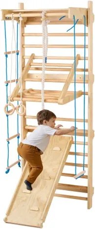VEVOR Zweedse laddermuur, 8-in-1 15-traps indoor klimrek, draagvermogen 100 kg, klimtoestel met wandladder, glijplank, optrekstang, gymnastiekringen, schommelzitje en touwladder