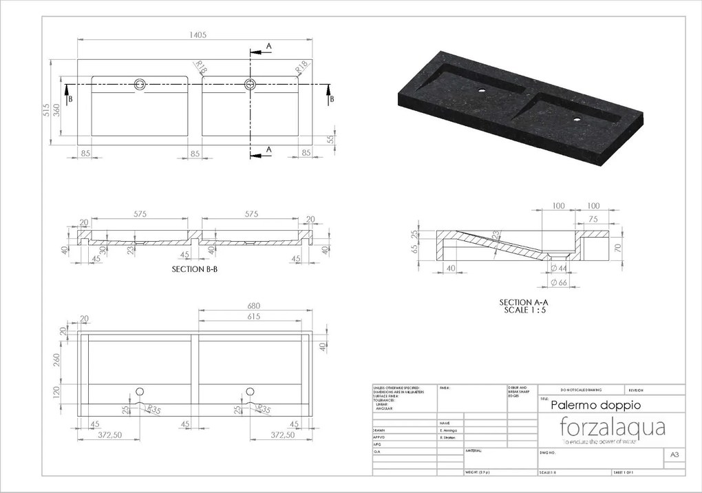 Forzalaqua Palermo wastafel 140x50cm zonder kraangaten graniet gekapt