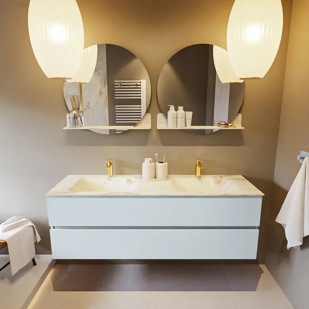 Mondiaz Vica DLux badmeubel 150cm clay 2 lades met wastafel frappe dubbel 2 kraangaten