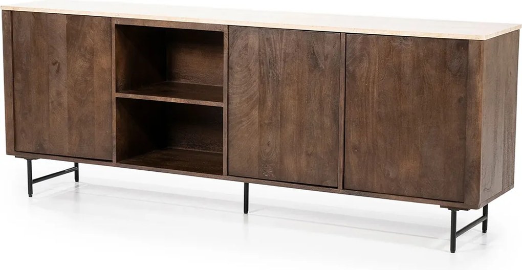 Dressoir Donker Hout Met Travertin Blad - 200x41x75cm.