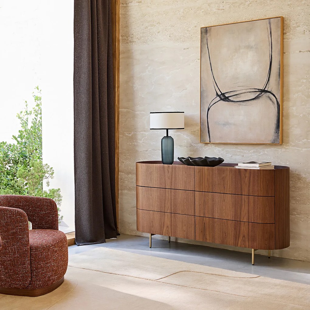 Ladekast met 6 lades, notenhoutfineer en leer, Aslen