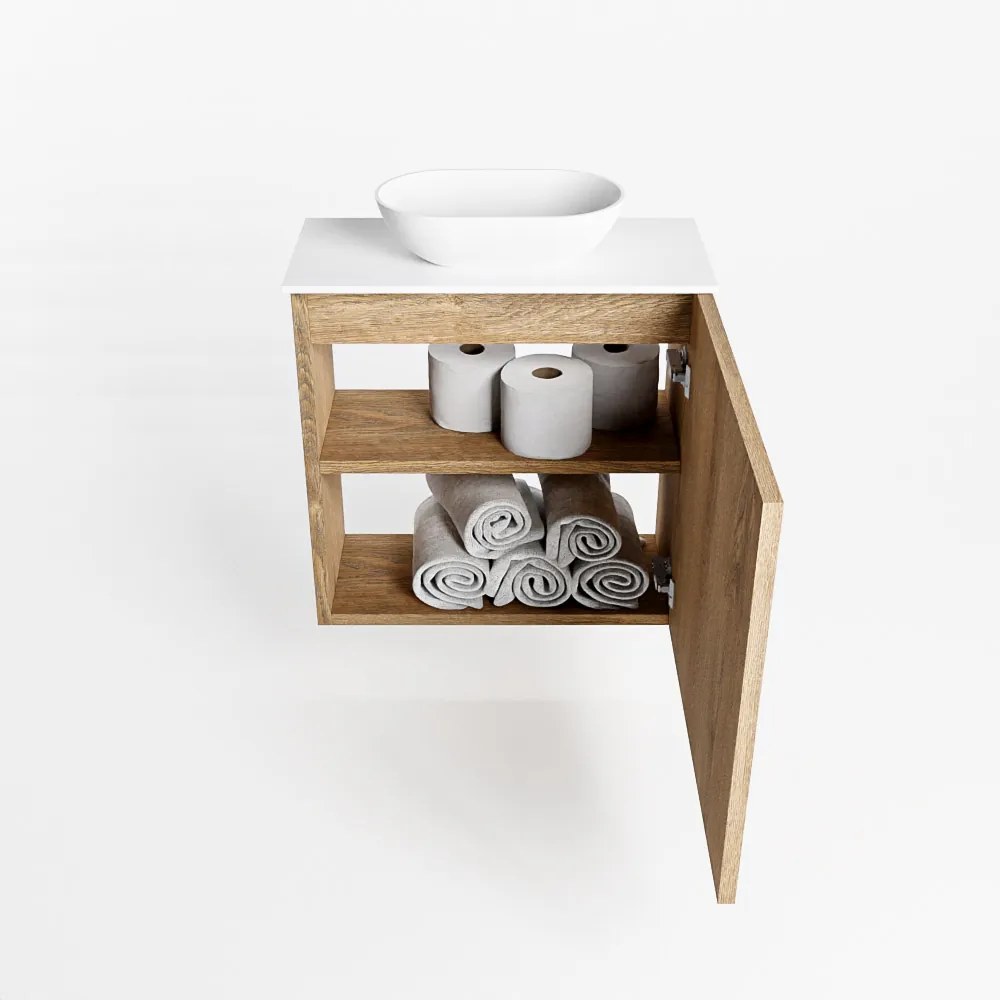 Mondiaz Fowy toiletmeubel 50cm washed oak met witte waskom midden zonder kraangat