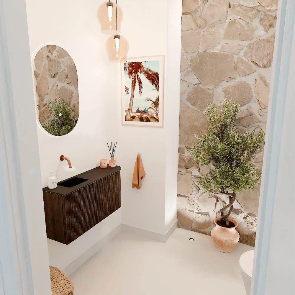 Mondiaz Joya 80cm toiletmeubel ronding rechts walnut met wastafel faye links zonder kraangat urban