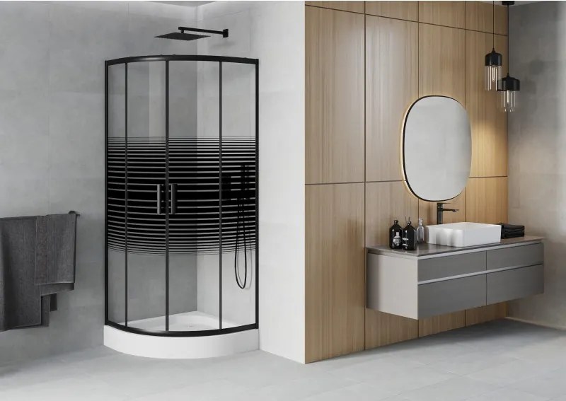 Mexen Rio halve ronde douchecabine 70 x 70 cm, zwarte strepen, zwart + douchebak, wit - 863-070-070-70-20-4710