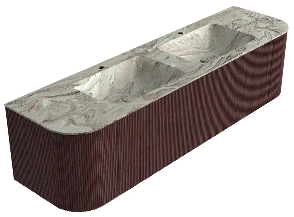 Mondiaz Kurve-dlux 170cm badmeubel ronding links/rechts ruby met 1 lade en 2 deuren en wastafel leaf dubbel 2 kraangaten glace