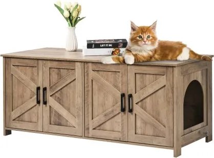 VEVOR Kattenbakbehuizing voor 2 katten, verborgen kattenbakmeubel met dubbele compartimenten, houten kattenbakkast, past op de meeste kattenbakken, 119,4 cm L x 47,5 cm B x 50 cm H, Greige