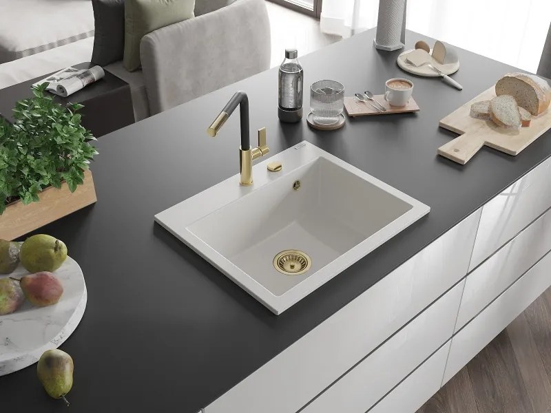 Mexen Oscar granieten gootsteen 1-komers 580 x 490 mm, wit, gouden sifon - 6519581000-20-G