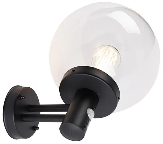 Buiten wandlamp zwart met kunststof bol incl. bewegingsmelder IP44 - Sfera