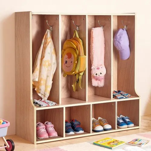 VEVOR Open Kinderkledingkast van multiplex, kinderkledingkast met 8 haken en 8 vakken (4 grote + 4 kleine), kledingkastplank en opbergplank voor kinderkamer, thuis, kleuterschool, kinderdagverblijf