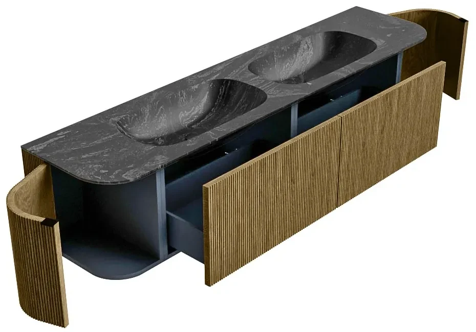Mondiaz Kurve-dlux 190cm badmeubel ronding links/rechts dusk met 2 lades en deuren en wastafel stor small dubbel zonder kraangat lava